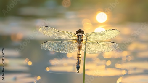 Golden hour illuminates a delicate dragonfly resting serenely by the waterside