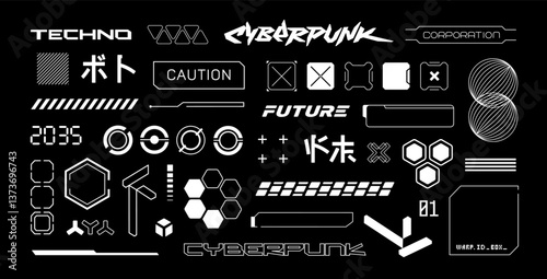 Japanse Cyberpunk Futuristic elements with text collection set 1.  HUD Cybepunk style with  typography for clothing print and interface design