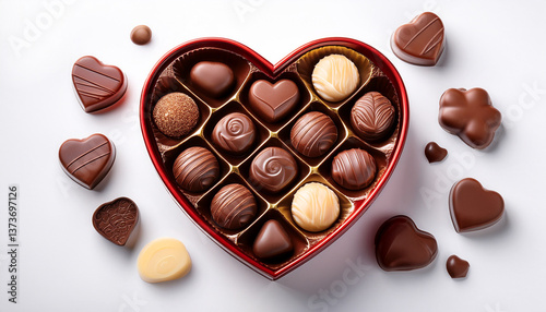 A chocolate candies in heart shaped box on the white isolated background. Top view. World Chocolate Day concept.