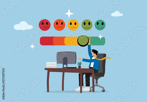 Businessman adjusts a colorful customer satisfaction meter with emoticons in a professional office setting.