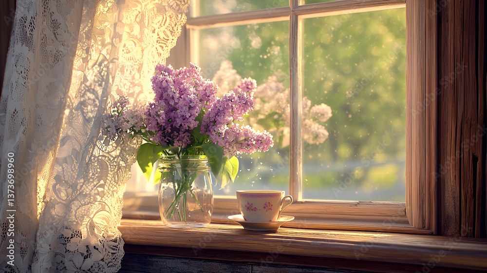 Fototapeta premium Lilacs and lace: serene window view with flowers, tea cup, and sunlight through delicate curtains.