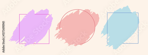 Collection of pastel brush strokes encapsulated in geometric frames in soft colors ideal for modern design and creativity. Brush frame grunge hand drawn concept.