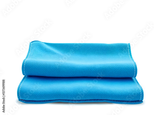 A stack of two blue microfiber towels, neatly folded. Perfect for advertising home, spa, and wellness products. Generative AI