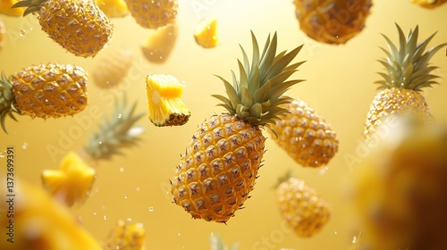 A vibrant pineapple fruit explosion on a yellow background creating a tropical vibe