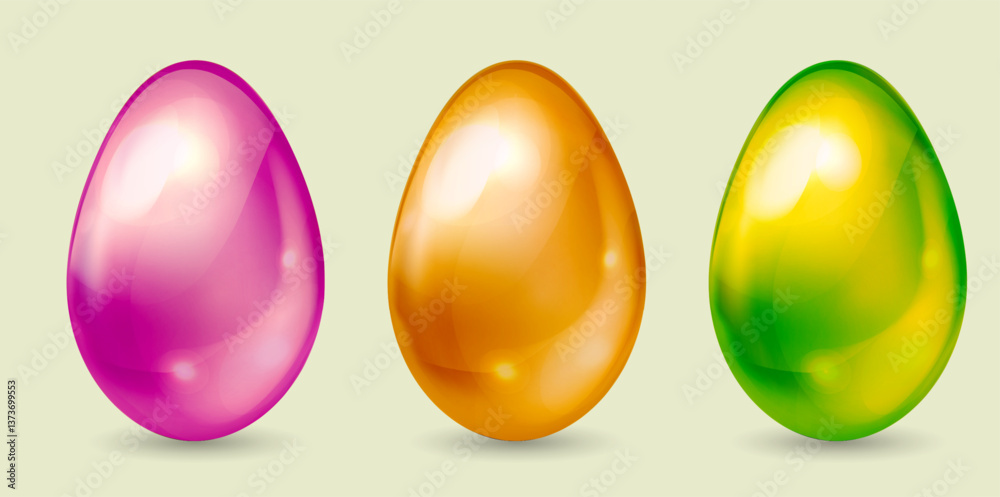 Illustration of three glossy eggs in vibrant pink orange and green hues symbolizing creativity and celebration on light background ideal for festive occasions. Pearl eggs concept.