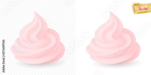 Smooth swirl of pink cream on transparent and white backgrounds, evoking sweetness and delicacy, useful for dessert promotions and packaging designs. Pink cream vector concept.