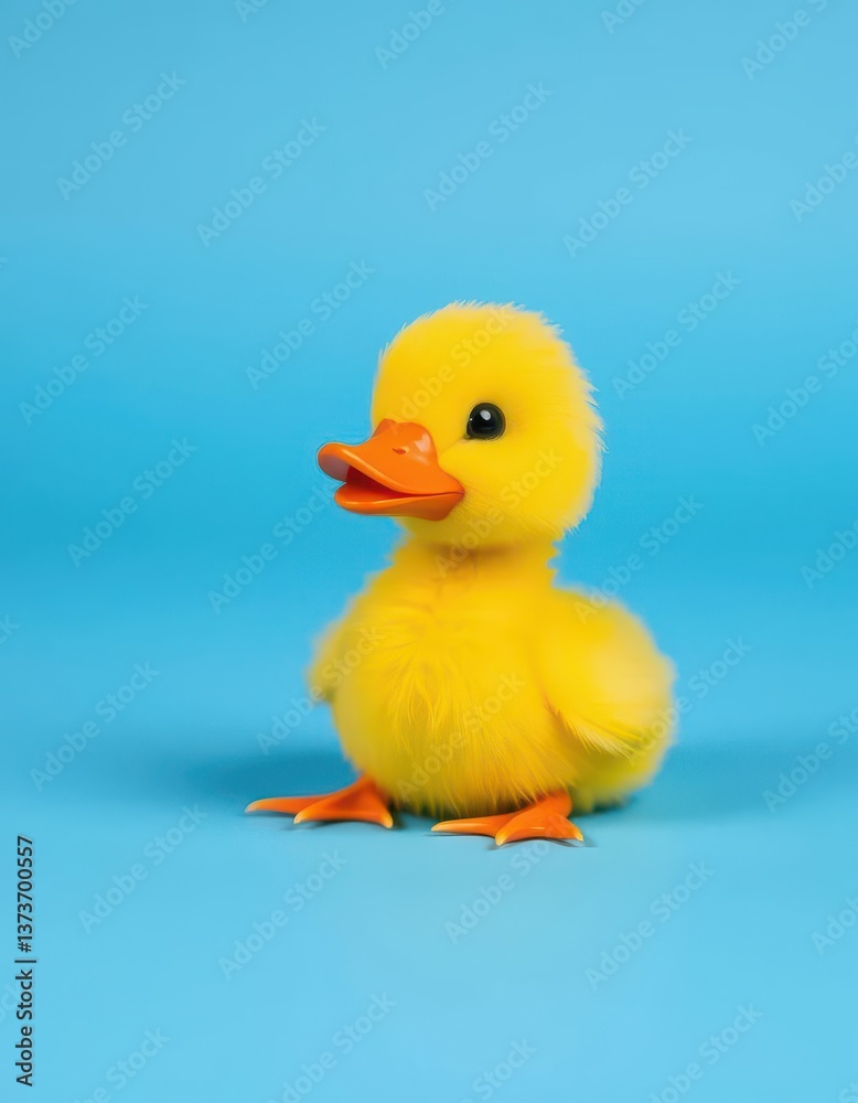 A tiny yellow rubber duckling with orange beak, sits on a bright blue background, background, blue background, spring A tiny yellow rubber duckling with orange beak, sits on a bright blue background, background, blue background, spring