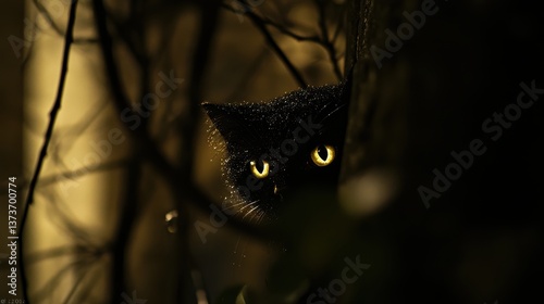Mysterious black cat peeking from behind branches, its glowing eyes captivating in the dim light. A night-time scene full of intrigue.