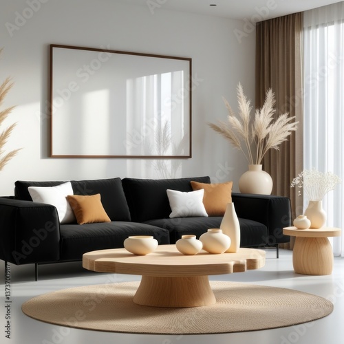 Empty frame mockup in modern minimalist living room interior background, poster frame mockup design, mockup frame