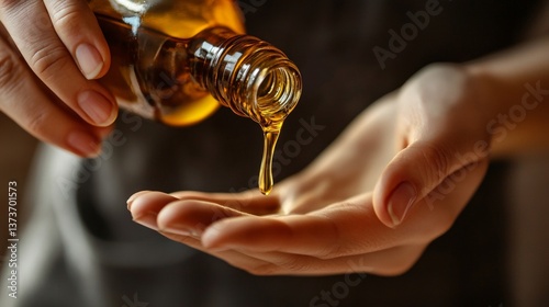 Close-up of oil being poured onto hands for skincare routine