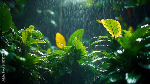 Obraz na płótnie Photography of rain cascading down lush tropical plants, with vibrant greens contrasting against the darkened sky, capturing the vitality of nature in the rain. w salonie