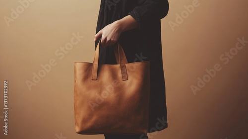 Female hand holding elegant brown leather tote bag against warm background