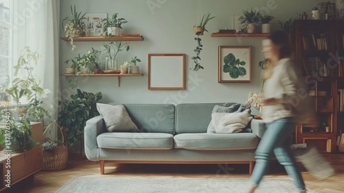 Person walks through living room with plants and decor