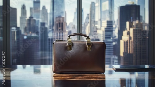 Elegant brown leather briefcase standing proudly before a city skyline view