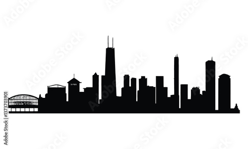 Chicago City Skyline Silhouette, Vector, Icon, Logo, White Background.