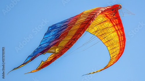 A colorful kite soaring high in the sky on a breezy day, its vibrant fabric fluttering in the wind as it dances across a clear blue sky. The image evokes a sense of freedom, joy, and childhood 
