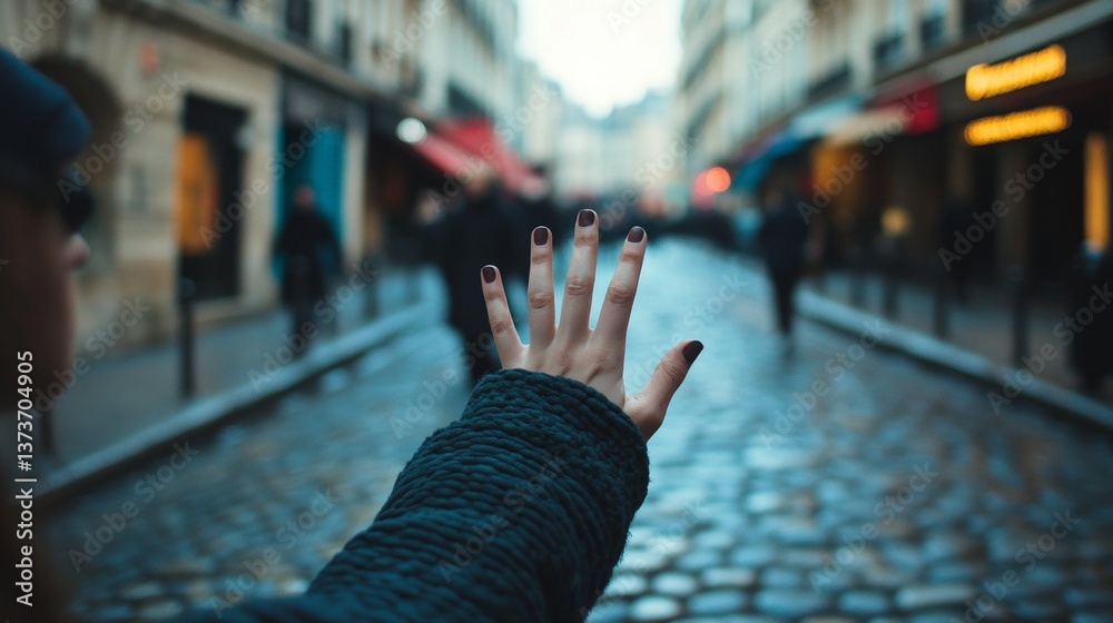 Female hand reaching out on cobblestone street in historic urban setting
