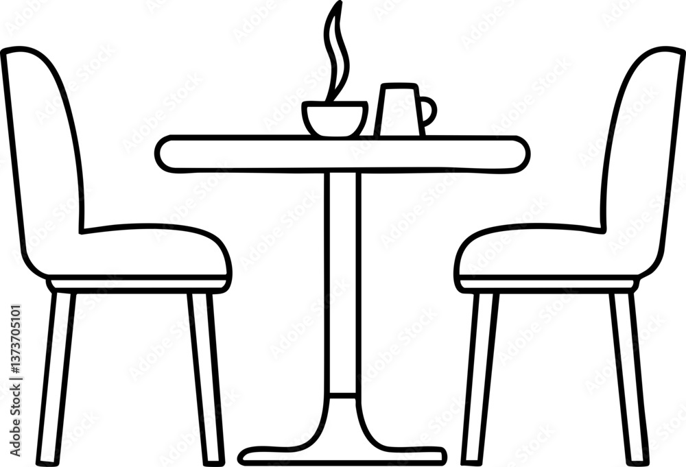 A simple outline of a table with two chairs, a bowl, and a cup, suggesting a cozy dining or coffee setting. A simple outline of a table with two chairs, a bowl, and a cup, suggesting a cozy dining or coffee setting.