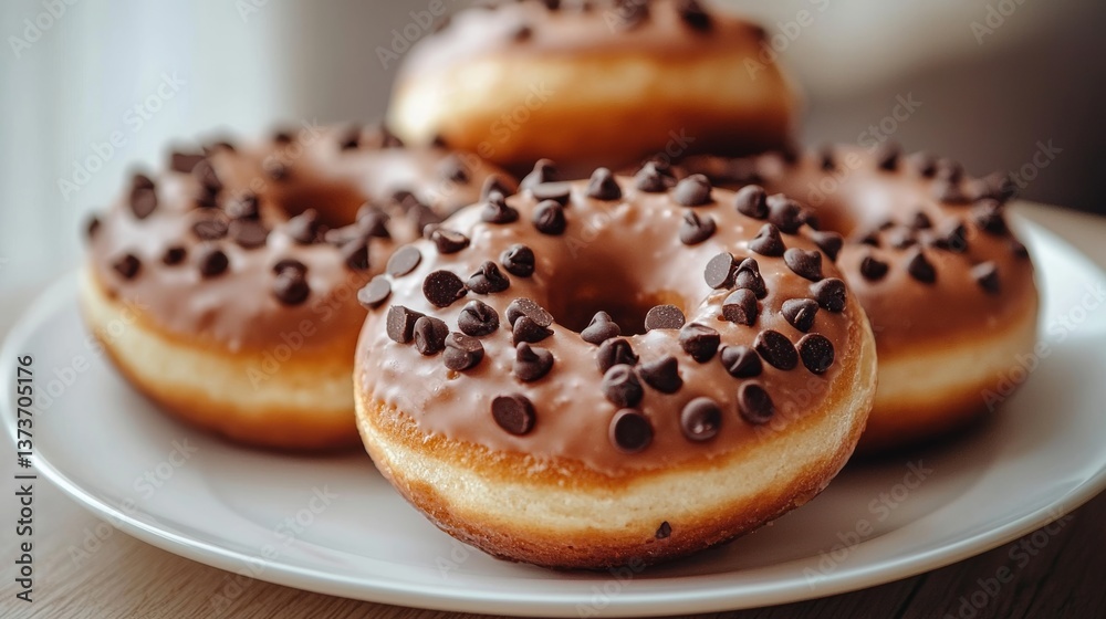 Plate of delicious chocolate-covered donuts topped with chocolate chips