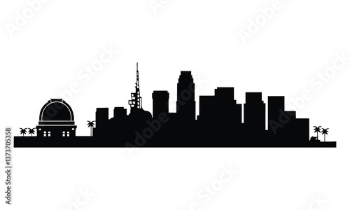 Los Angeles City Skyline Silhouette, Vector, Icon, Logo, White Background.