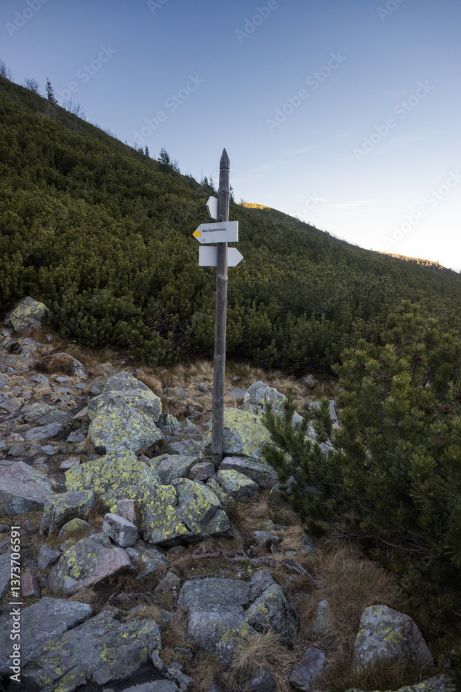 Mountain signpost, direction and marking of a mountain trail, High Tatras.