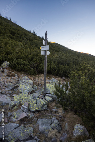 Obraz na płótnie Mountain signpost, direction and marking of a mountain trail, High Tatras. w salonie