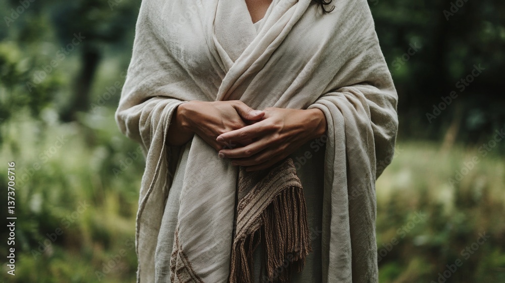 Fototapeta premium Female adult wrapped in cozy blanket in tranquil forest setting