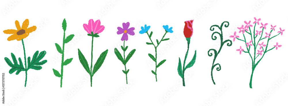 custom made wallpaper toronto digitalKid doodle hand drawing crayon, wax, pencil, chalk or charcoal texture. childlike flowers and plants illustration. messy and colorful vector art