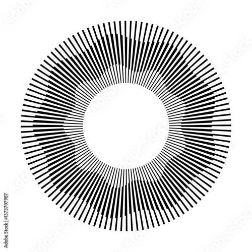 Circular frame. Round shape. Radial concentric lines. Black ring of short thin rays with wavy silhouette isolated white background. Design element. Sound wave. Sun ray. Vector illustration.