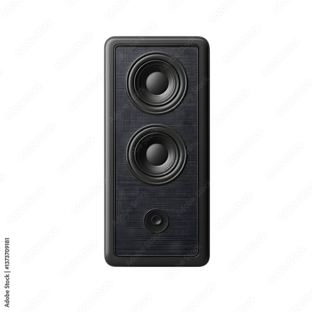 Close up of a black speaker with two large drivers and one smaller driver on a black background Close up of a black speaker with two large drivers and one smaller driver on a black background
