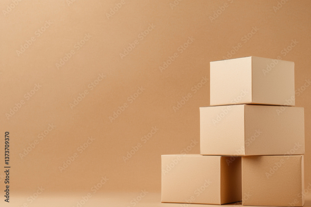 Fototapeta premium Neatly piled brown carton boxes on warm toned background create cozy and organized atmosphere, perfect for storage or shipping needs