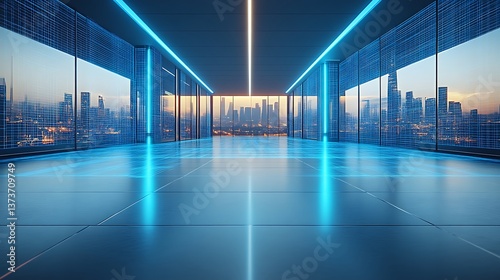 Futuristic cityscape corridor with neon lighting and digital grid