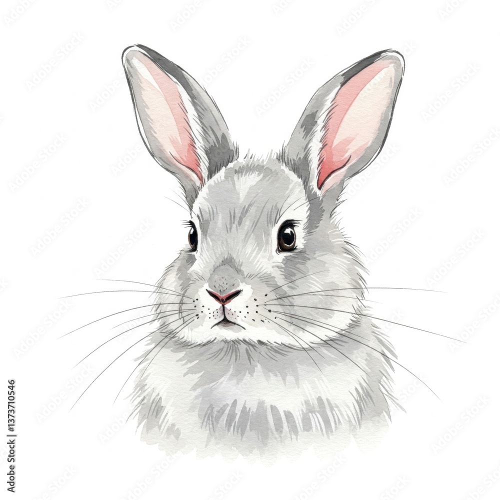 Obraz premium A digital watercolor portrait of a rabbit or hare, shown as a close-up of its head.