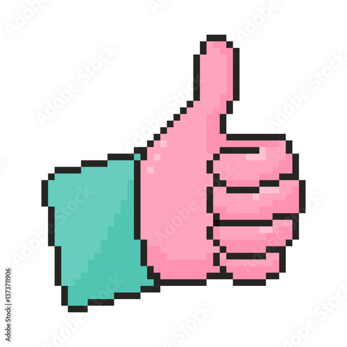 Pixel art thumb up icon in 8 bit style. Retro 80s,90s video game graphics.
