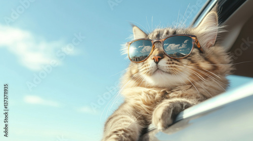 Maine Coon cat wearing sunglasses leans out of car window, enjoying sunny day. cat relaxed demeanor and clear blue sky create cheerful and carefree atmosphere