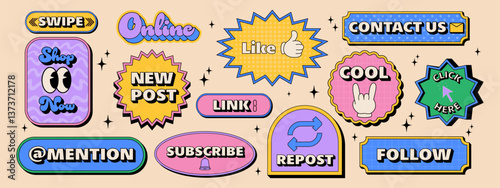 Call to action stickers. Modern action labels in trendy retro style. Y2k aesthetic.