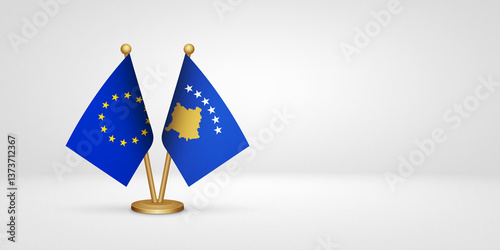 EU vs Kosovo kosova desk flags mockup 3d illustration. Versus flag of European Union photo