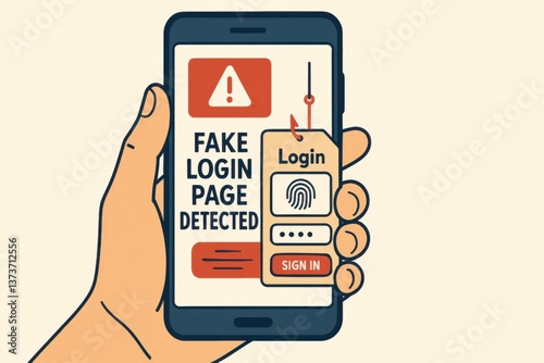 An illustration of a smartphone displaying a warning about a fake login page detected, highlighting the importance of cybersecurity and safe online practices.
