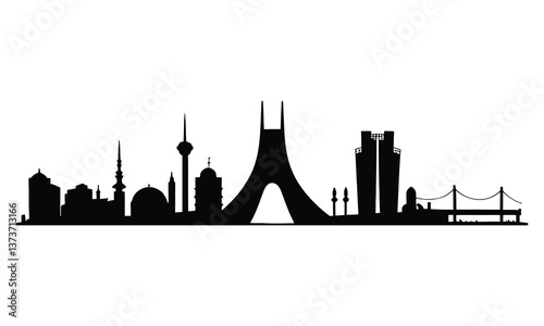 Tehran City Skyline Silhouette, Vector, Icon, Logo, White Background.
