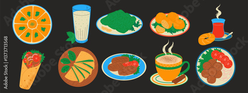 Turkish cuisine collection. Traditional dishes. Baklava, shawarma, ayran, tea, bagel simit, dolma, kofta