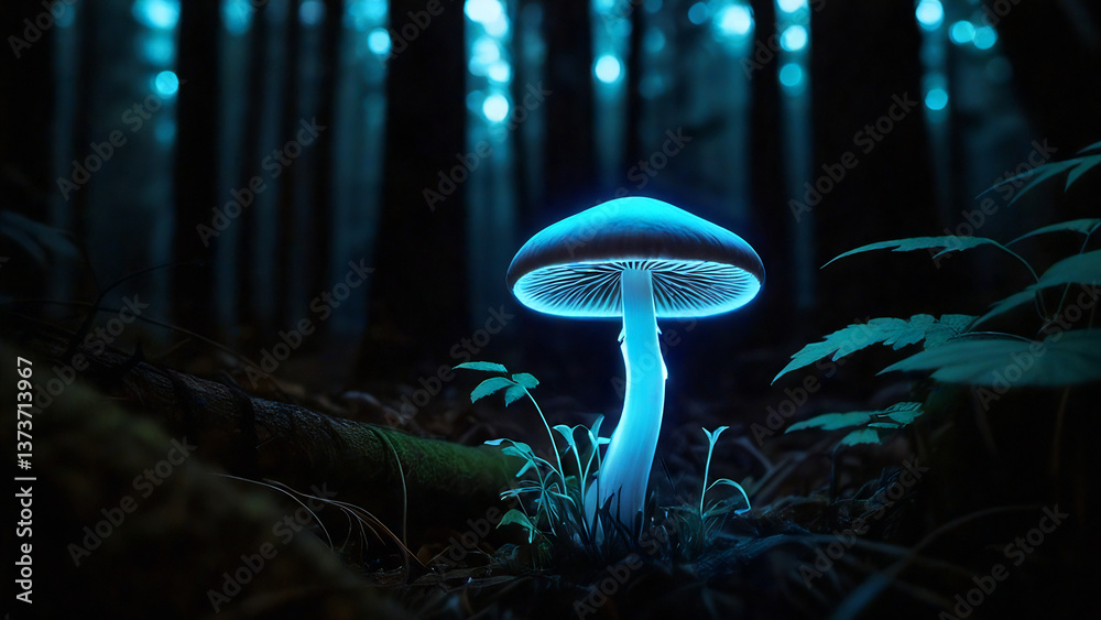 Fototapeta premium Glowing mushroom with blue shimmer in a night forest 