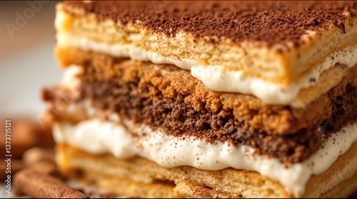 Delicious slice of sponge cake with white and chocolate layers and creamy filling