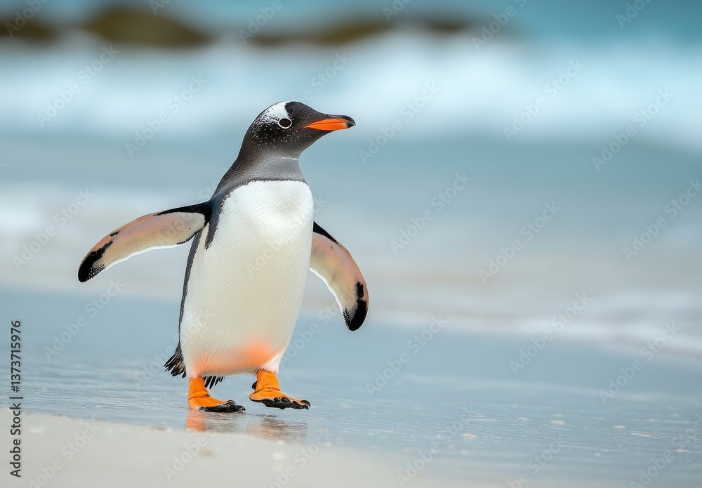 Naklejka premium cute penguin walking along the beach with wings outstretched and ocean waves in the background