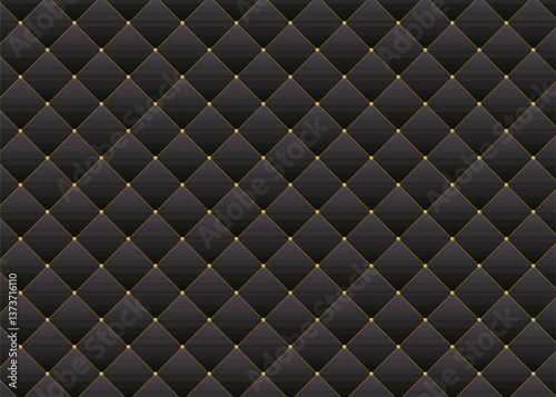 Black texture tufted upholstery leather sofa with gold stitching. Dark luxury quilted pattern background vector.