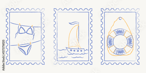 Set of Summer postal stamps with swimwear, sailboat and lifebuoy