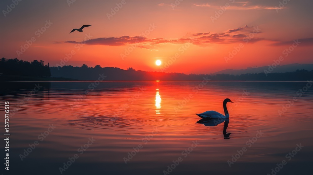 Fototapeta premium Serene twilight at the lakeside with a swan gliding beneath a vibrant sunset sky