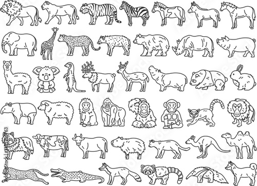いろいろな、動物（線画）のイラストセット