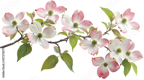 Blossom flower concept. Delicate pink and white dogwood or cherry blossom flowers in full bloom on green leafy tree branches creating a picturesque and serene springtime scene