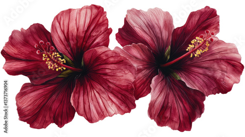 Blossom flower concept. Stunning close up of two lush red hibiscus flowers with delicate ruffled petals and vibrant stamens