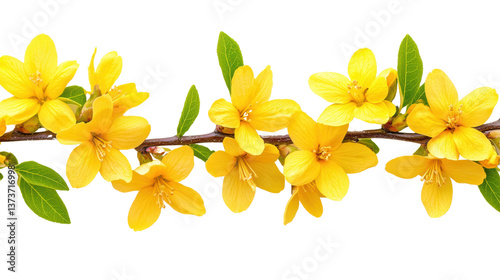 Blossom flower concept. Vibrant yellow flowers with green foliage blooming on a tree branch signaling the arrival of the spring season